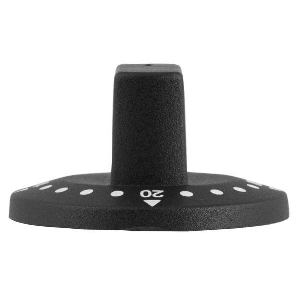 A close-up of a black Avantco timer knob with white numbers on it.