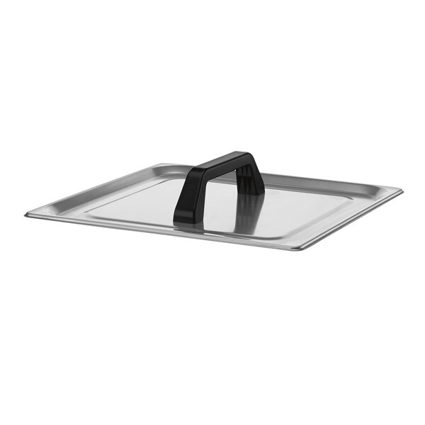A metal tray with a black plastic handle.