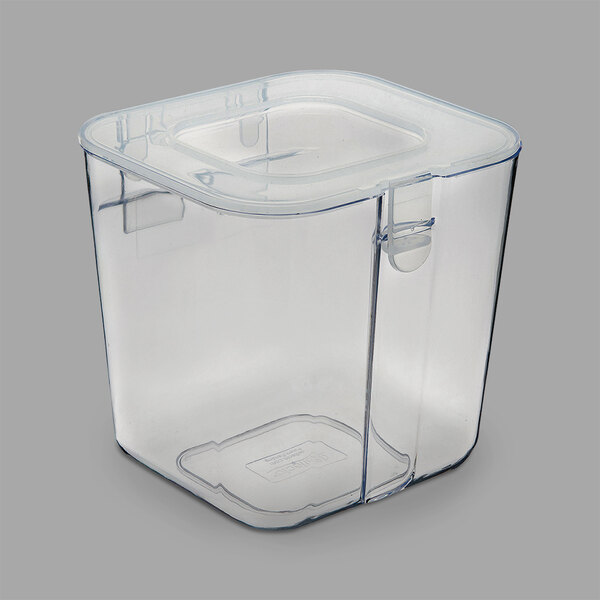A close up of a clear plastic Deflecto stackable caddy container with a lid.