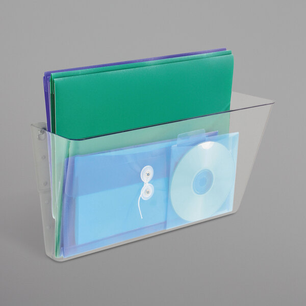 A clear container with file folders and a cd inside a Deflecto stackable wall file.