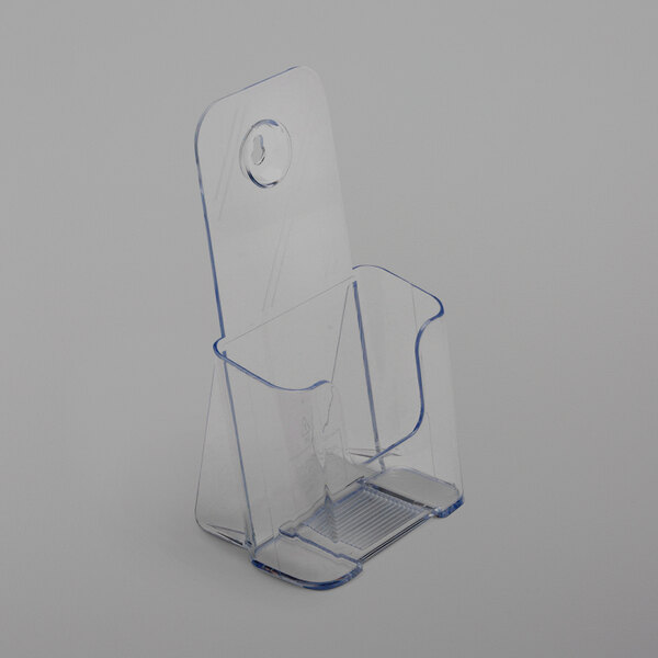 A clear plastic Deflecto literature holder with a hole for small items.