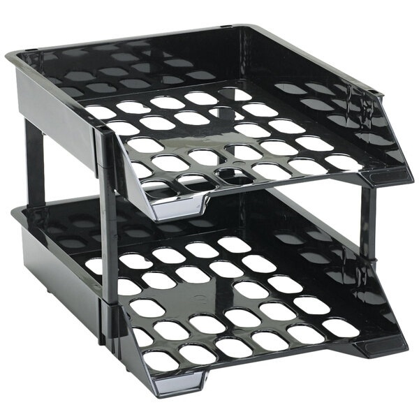 A black plastic Deflecto SuperTray with risers on a table.