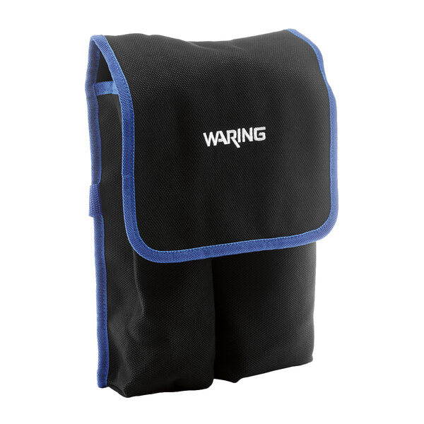 A black and blue Waring storage case with blue trim.