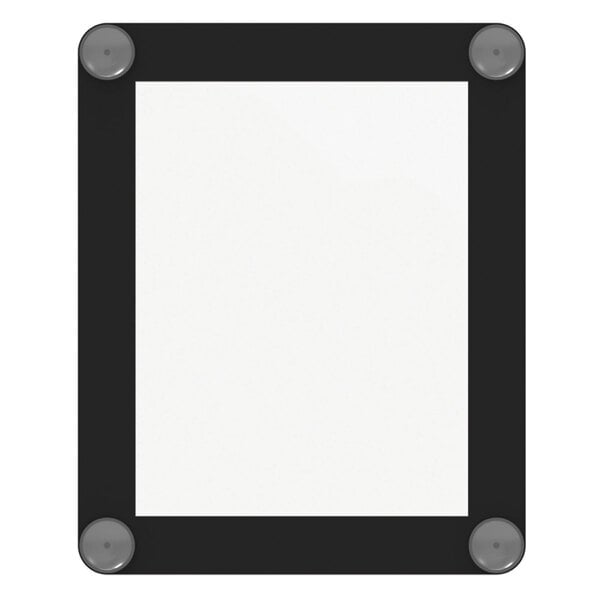 A white rectangular paper in a black and white frame with metal corners.