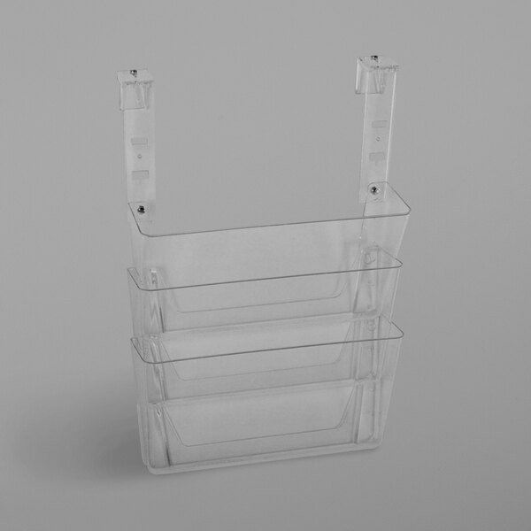 A clear plastic shelf with three compartments.