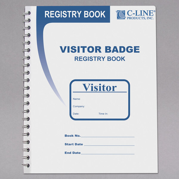 A C-Line visitor name badge register book with a pen.