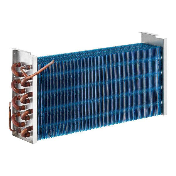 An Avantco evaporator coil with blue and silver aluminum and copper tubes.