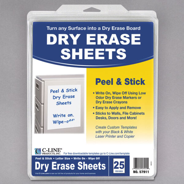 A blue and white C-Line box containing 25 peel and stick dry erase sheets.