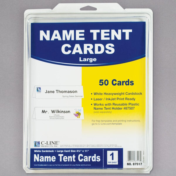 8-1/2 x 11 White Cardstock Sheets Folded Size 11 x 4-1/4 Inches Box of 50 C-Line Printer-Ready Scored Name Tent Cards 87517 