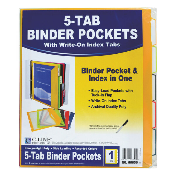 A white background with a C-Line binder pocket folder with a yellow and blue cover and white write-on index tabs.