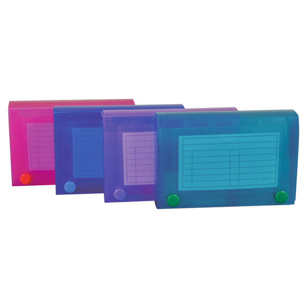 A row of C-Line index card cases in blue, green, and red plastic.