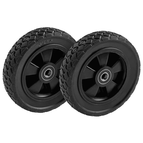 A pair of black CaterGator wheels with rubber tires.