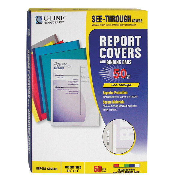 A box of C-Line standard vinyl report covers in assorted colors.