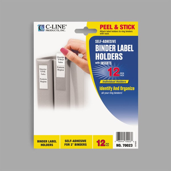 A hand holding a C-Line binder label holder with a blue and yellow label inside.
