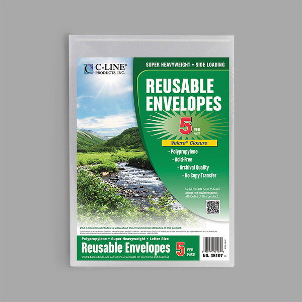 A package of 5 C-Line reusable poly envelopes with a green and white label.