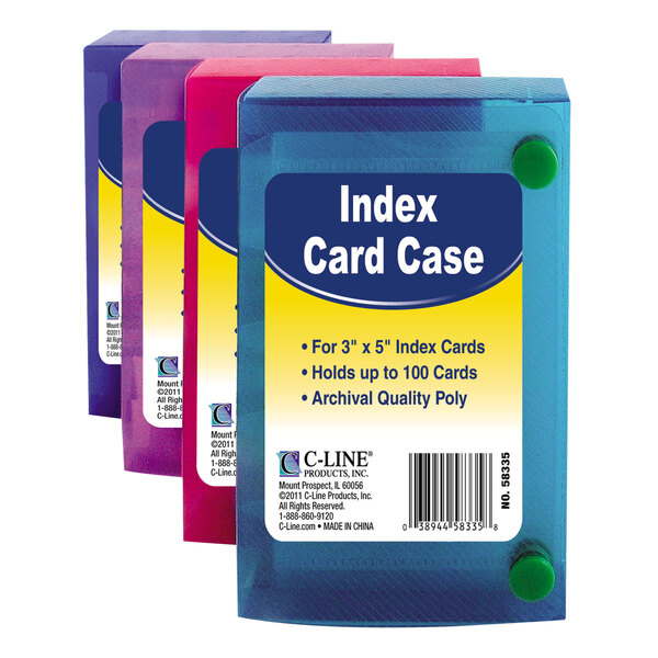 A C-Line polypropylene index card case in assorted colors holding index cards.
