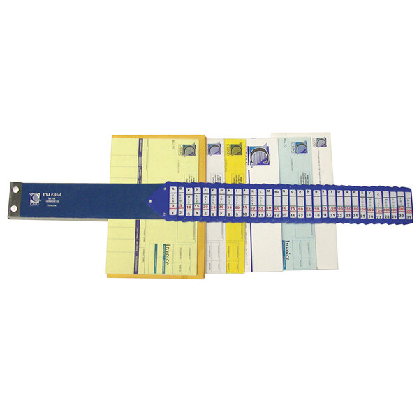 A blue and white plastic tag with white numbers on top of yellow and blue envelopes.