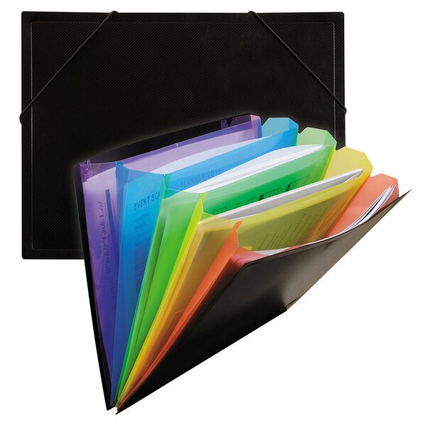 A black C-Line letter size document sorter with rainbow colored pockets.