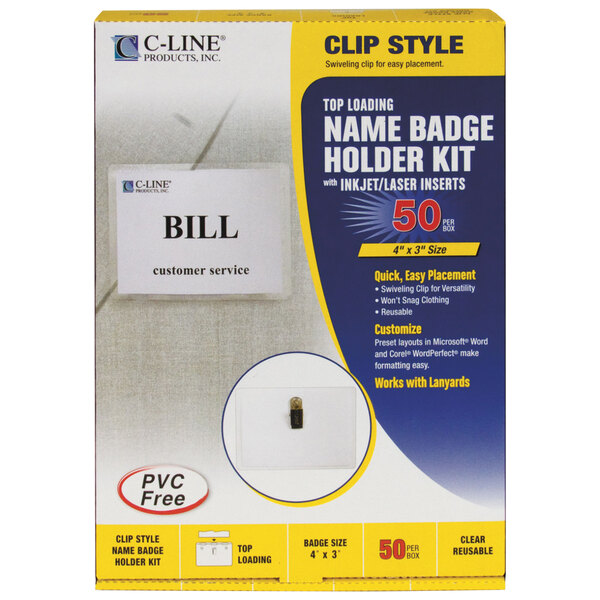 A box of C-Line matte top load clip-on name badge holder kit on a counter.