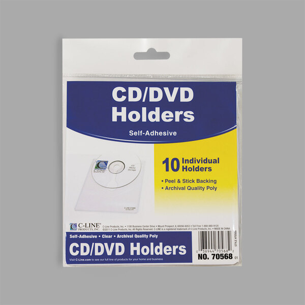 A package of C-Line self-adhesive CD holders with a plastic cover.