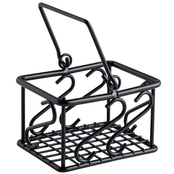 An American Metalcraft wrought iron sugar packet caddy with two hooks.
