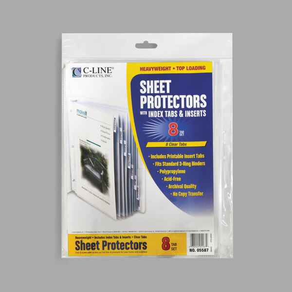 A package of C-Line sheet protectors with clear index tabs.