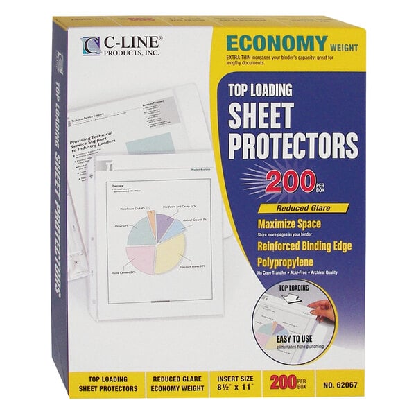A box of C-Line top-loading sheet protectors with white paper inside.