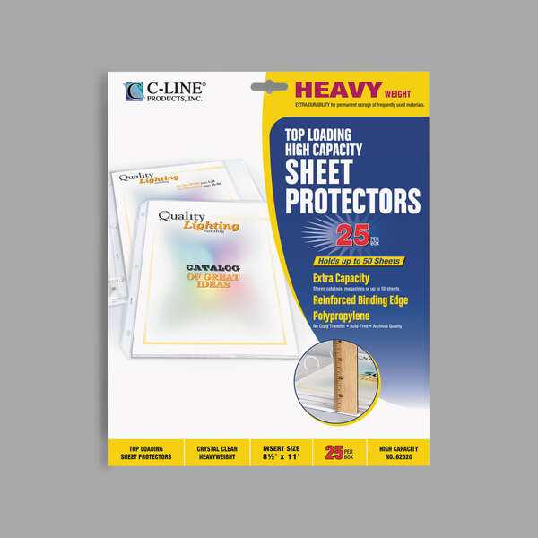 A package of C-Line heavy weight sheet protectors with a blue and yellow label.