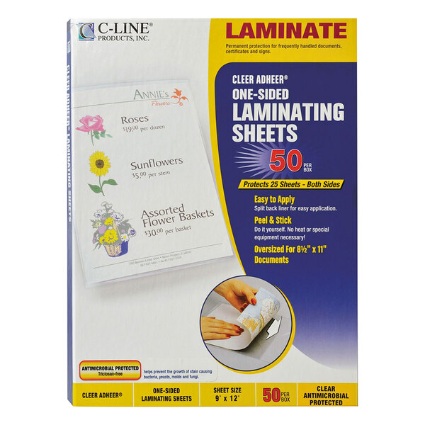 A box of C-Line Cleer Adheer antimicrobial self-adhesive laminating sheets.