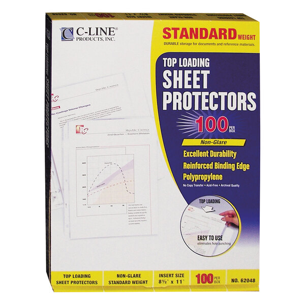 A box of 100 C-Line top loading sheet protectors with white paper inside.
