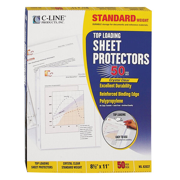 A box of 50 C-Line standard weight sheet protectors with white paper inside.
