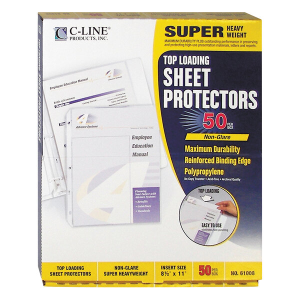 A yellow box of C-Line super heavy weight sheet protectors with a blue and yellow label.