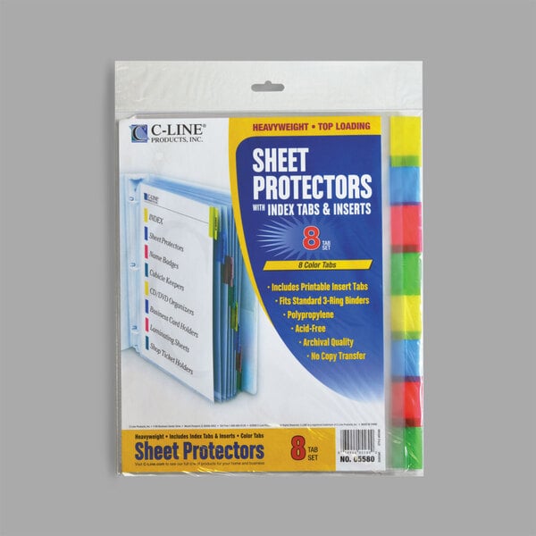 A package of C-Line sheet protectors with assorted color index tabs.