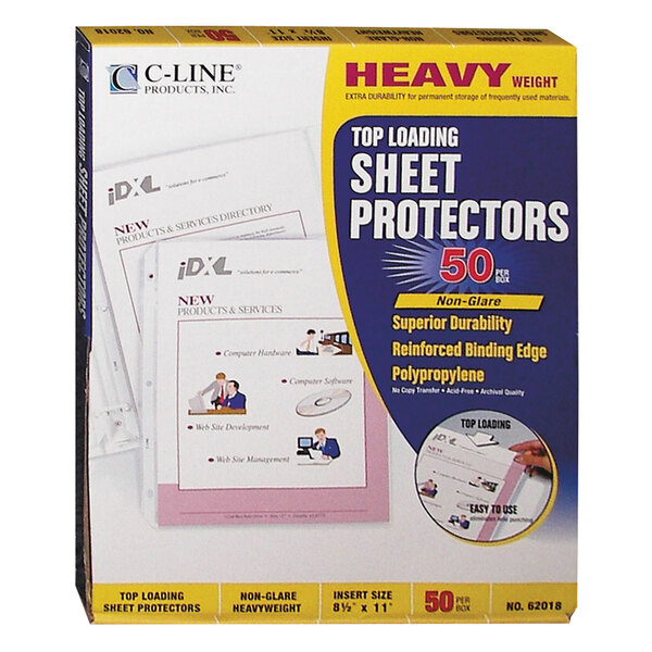 A box of 50 C-Line top-loading sheet protectors with white paper inside.