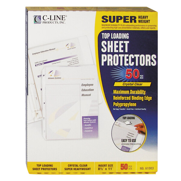 A box of 50 C-Line super heavy weight sheet protectors.