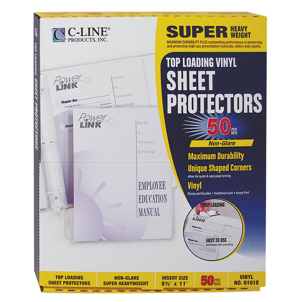 A box of 50 C-Line super heavy weight top-loading clear vinyl sheet protectors.