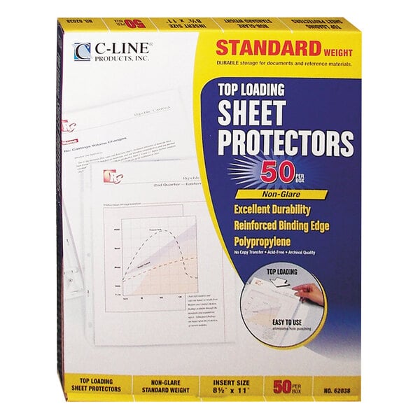 A box of 50 C-Line top-loading sheet protectors.