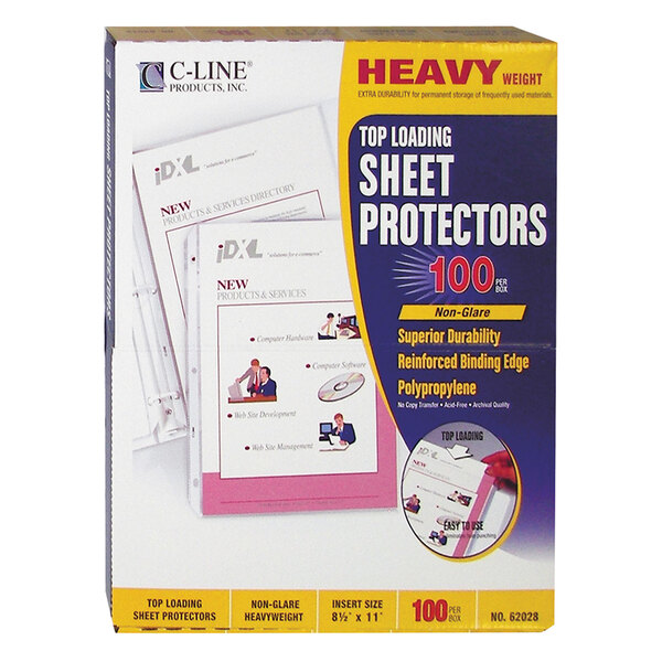 A box of C-Line heavy weight sheet protectors with a blue and yellow label.