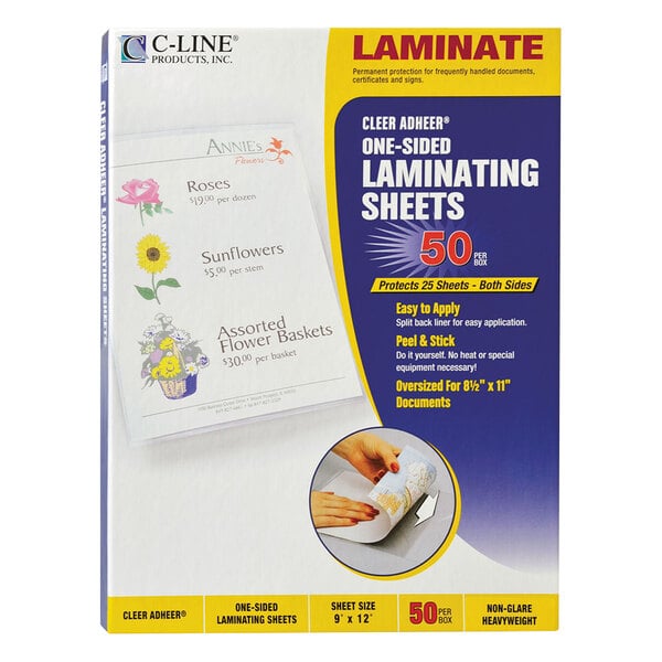 A hand using C-Line Cleer Adheer laminating sheets to laminate a piece of paper.
