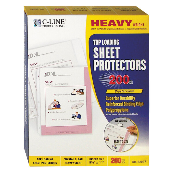 A box of C-Line heavy weight top loading sheet protectors with a blue and yellow label.