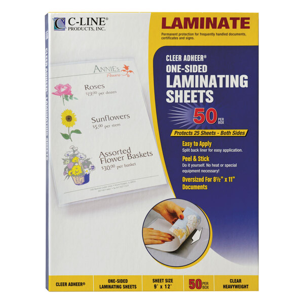 A box of 50 C-Line laminate sheets.