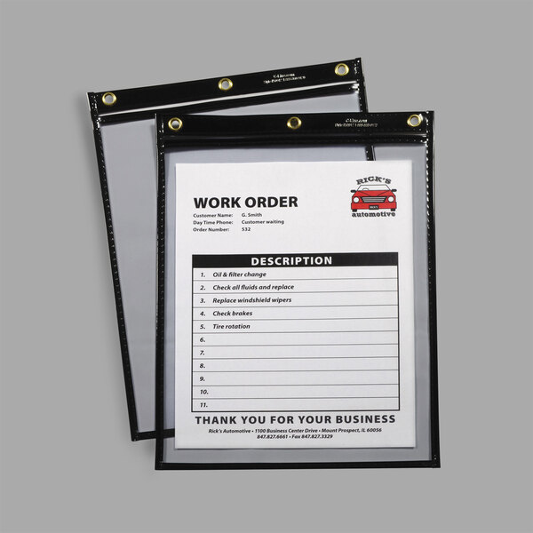 Two clear plastic folders with a white sheet of paper inside a C-Line Shop Ticket Holder.