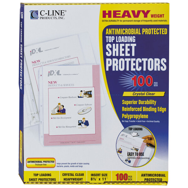 A box of C-Line heavy weight sheet protectors with white and blue packaging.