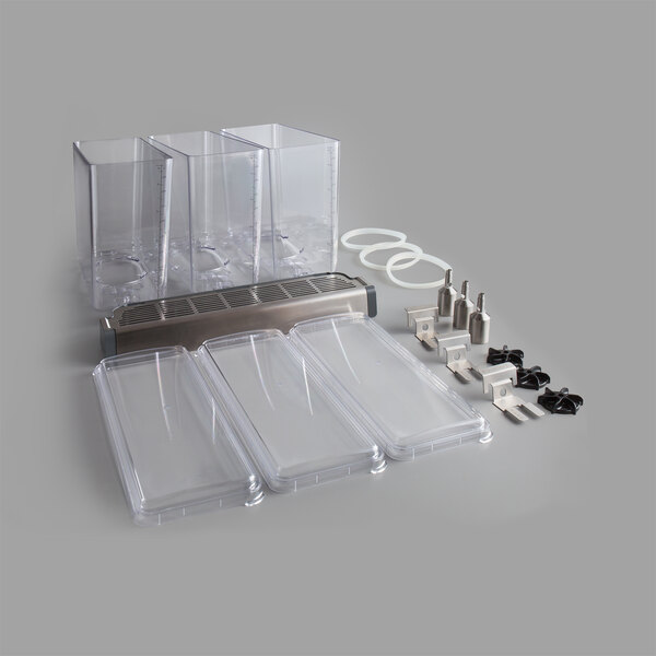 A group of clear plastic containers with metal brackets.