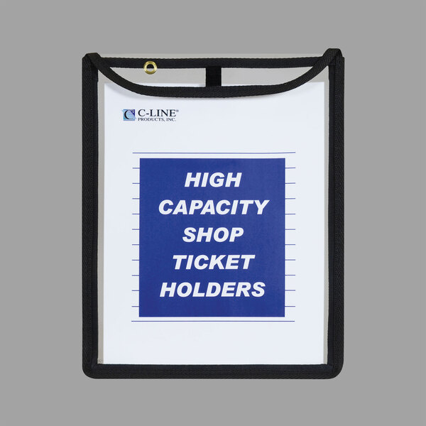 A clear C-Line high capacity stitched shop ticket holder with white paper inside.