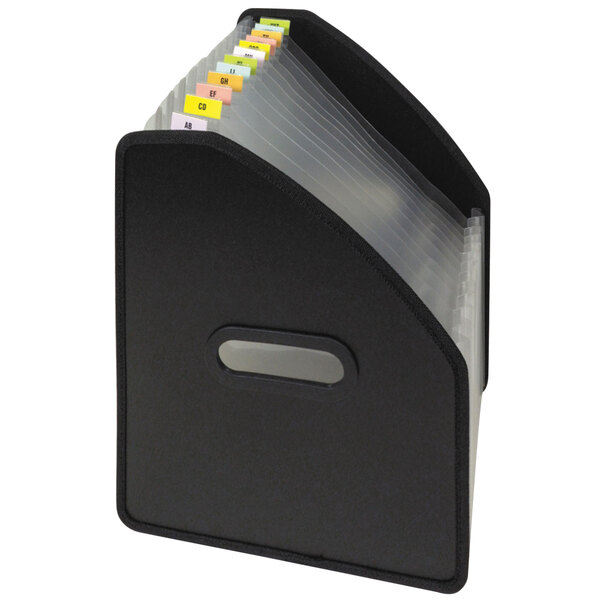 A black C-Line vertical standing expanding file with many pockets.