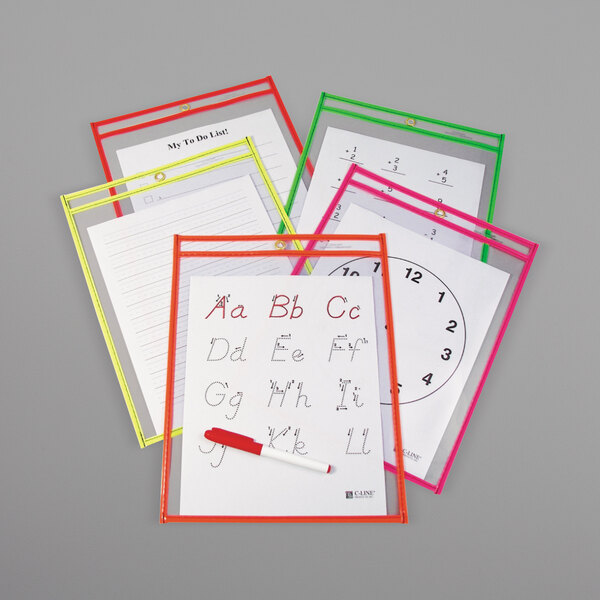 A group of C-Line assorted neon colors reusable dry erase pockets with writing inside them.