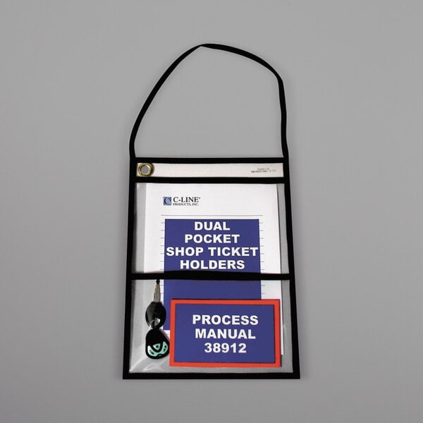 A clear C-Line 9" x 12" dual pocket stitched shop ticket holder with a strap.