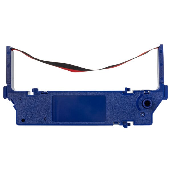 A blue rectangular plastic device with a black and red Point Plus ink ribbon.