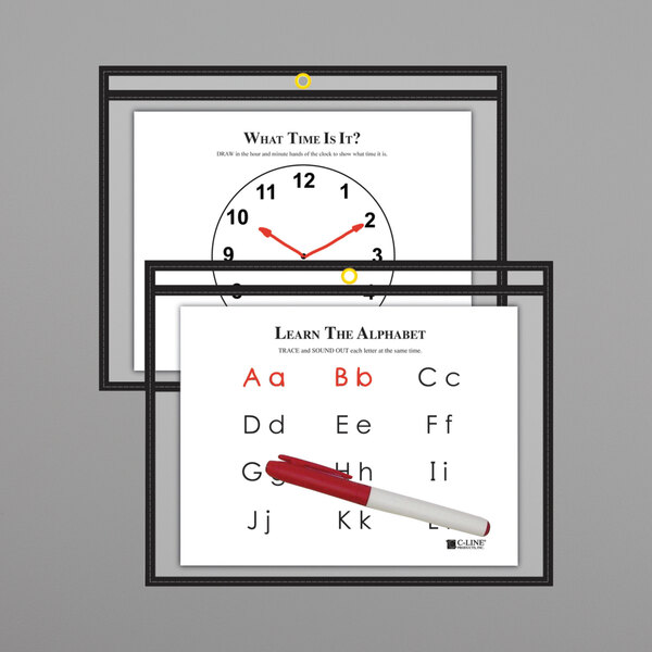 A white paper with two clocks and a red pen inside a black C-Line Reusable Dry Erase Pocket.
